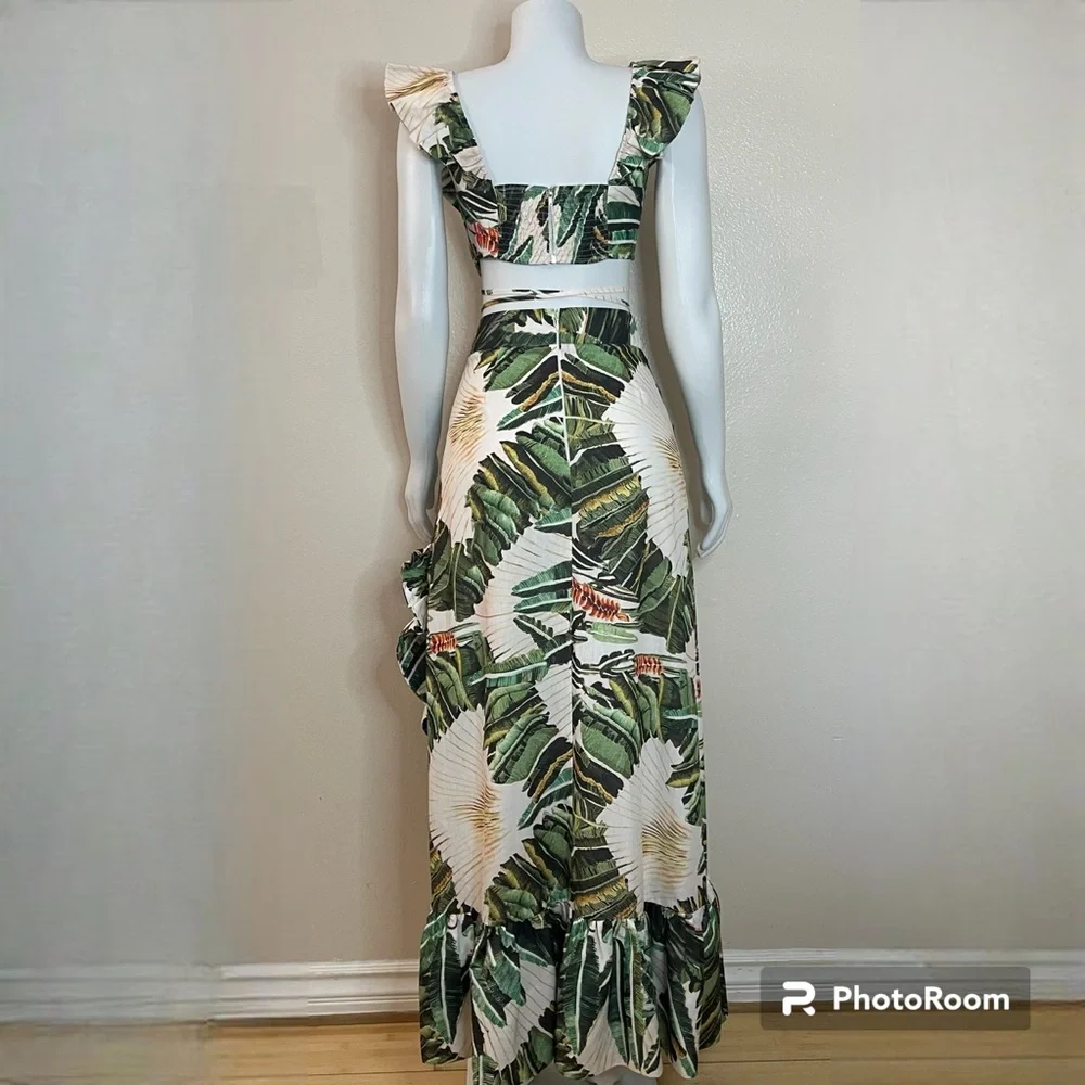 Green multi smocked back ruched crop top split thigh midi skirt set